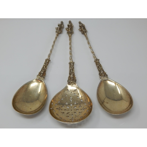 149Q - A Pair of Victorian Silver Apostle Spoons & Strainer Spoon with Gilded Bowls Hallmarked London 1885/... 