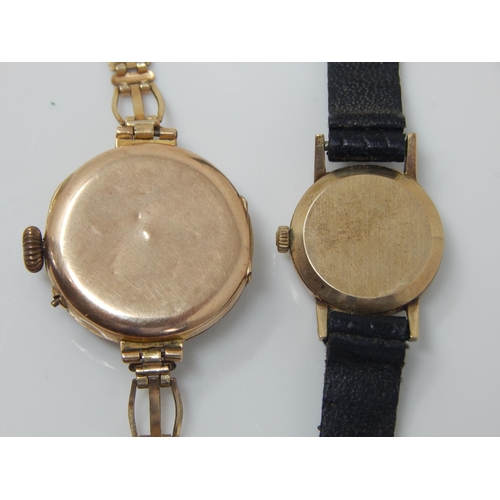 162R - 9ct Gold Omega Ladies Wristwatch on Black Leather Strap together with a further 9ct Gold Wristwatch ... 