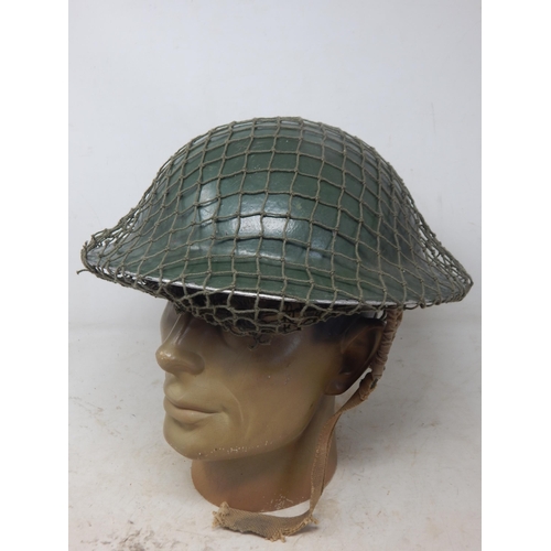 757 - WWII Steel Brodie Helmet with Netting, Liner & Chin Strap