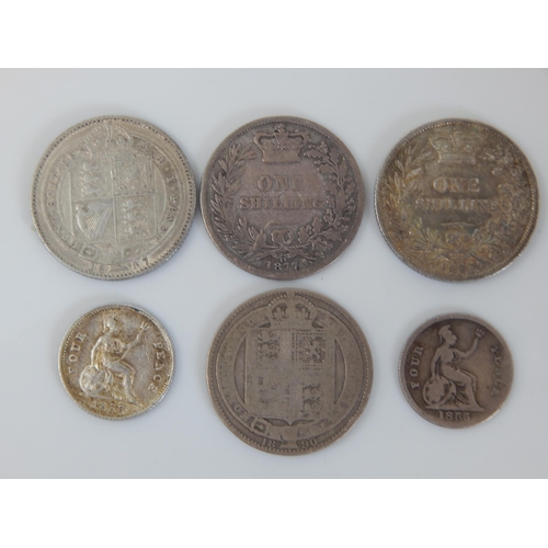 99J - Queen Victoria Silver Shillings 1872/1877/1887/1890 together with Silver Fourpences 1855 (2)