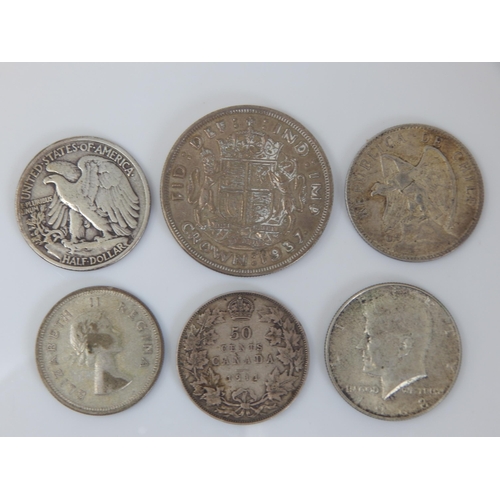 99K - George VI Silver Crown 1937 together with a quantity of foreign silver coinage.