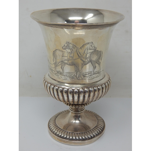 100B - George IV Silver Campana Shaped Goblet Finely Engraved with Suffolk Punch Horses & Plough: Hallmarke... 