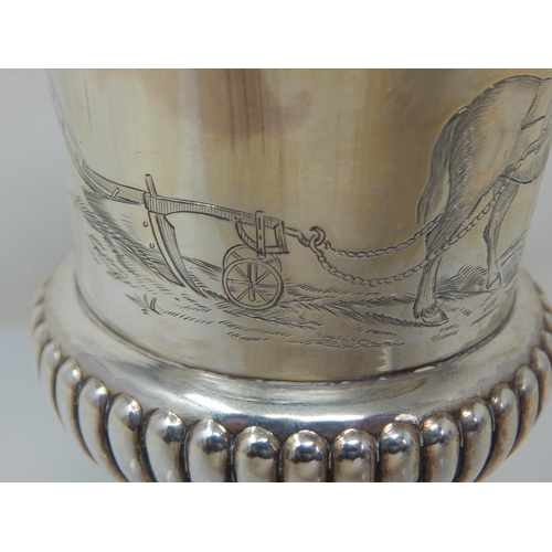 100B - George IV Silver Campana Shaped Goblet Finely Engraved with Suffolk Punch Horses & Plough: Hallmarke... 