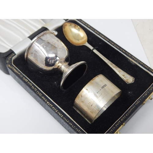 100M - Silver Egg Cup, Napkin Ring & Spoon (Not Personalised) Hallmarked Birmingham 1974 by Angora Silver i... 