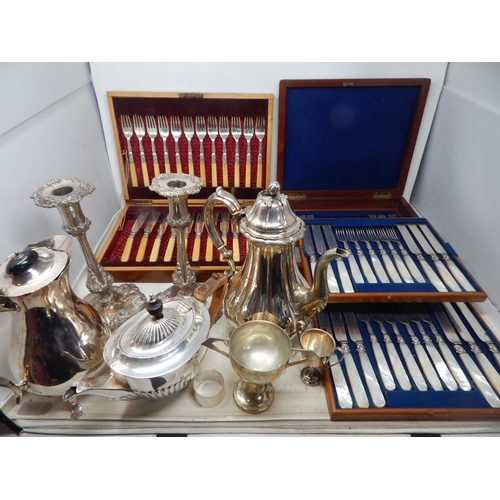 100N - A Collection of Silver Plated Wares Including a Pair of Candlesticks, Cased Flatware etc (lot)