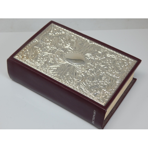 169 - Silver Fronted & Fine Leather Oxford Dictionary with Blank Cartouche: Hallmarked Sheffield 1996 by R... 