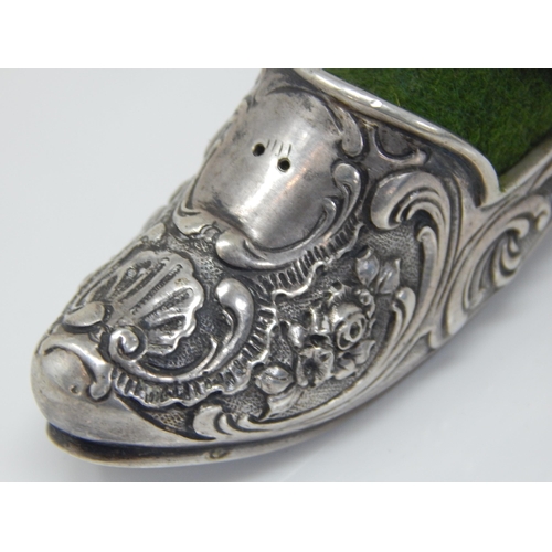 173 - Large Victorian Continental Silver Shoe Pin Cushion Dated 1900 with Rococo Decoration: Length 10cm