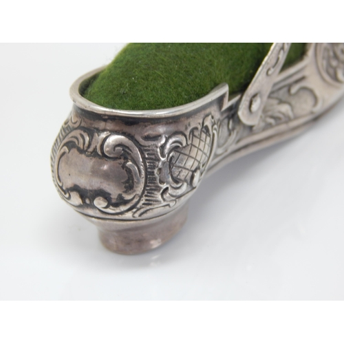 173 - Large Victorian Continental Silver Shoe Pin Cushion Dated 1900 with Rococo Decoration: Length 10cm