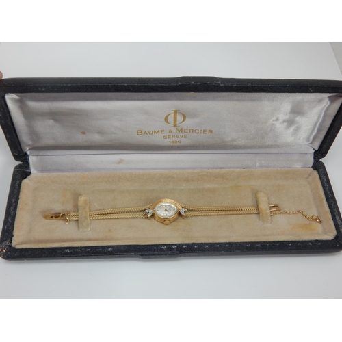 108 - Ladies 14ct Gold Baume & Mercier Wristwatch Set with Diamonds on 14ct Gold Strap in Original Case. G... 