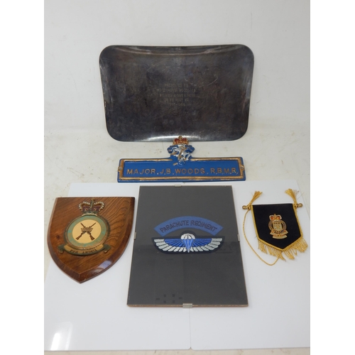 A Quantity of Military Items Including Plaques, Framed Parachute Regiment Insignia, Cast Metal Plaque for Major J. B. Woods etc