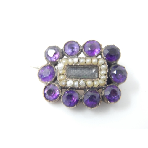 126 - Victorian amethyst and seed pearl unmarked yellow metal mourning brooch - no catch ca 2cm