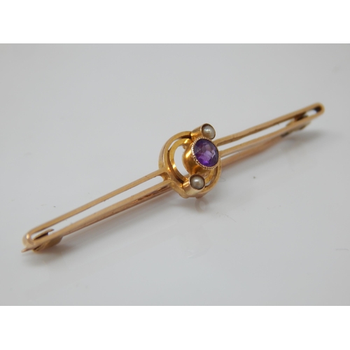 133 - Edwardian 15ct amethyst and pearl set target bar brooch – maker J.G.G – 2.6g