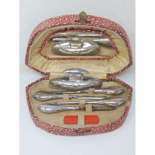 152 - Complete silver-mounted manicure set in original case - Birmingham and Chester 1914, Boots Pure Drug... 