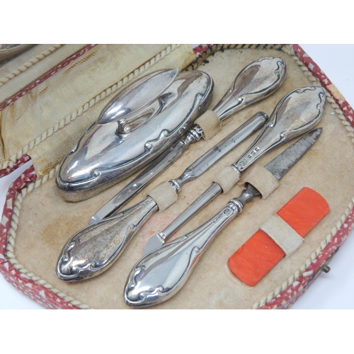 152 - Complete silver-mounted manicure set in original case - Birmingham and Chester 1914, Boots Pure Drug... 