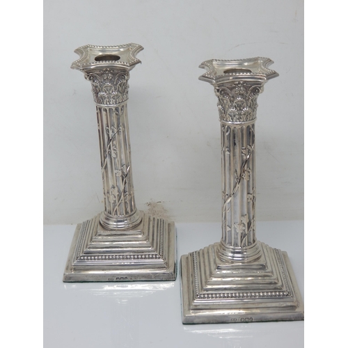 153 - Pair of Victorian silver Corinthian column  candlesticks with entwined vine decoration – Sheffield 1... 