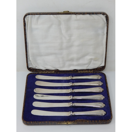 157 - Cased set of 6 early C20 silver-handled butter knives – Sheffield 1928, John Biggin