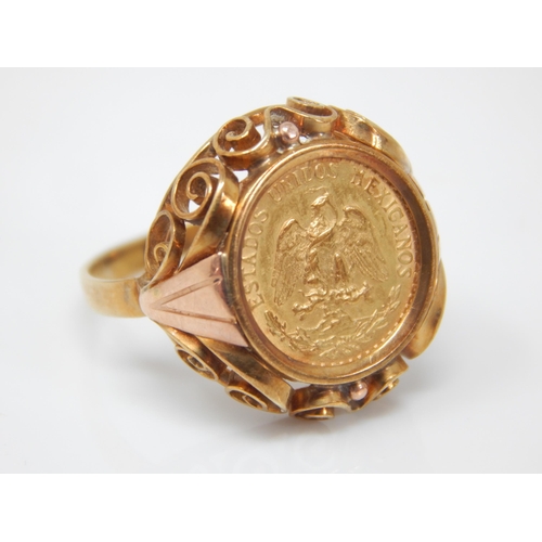 91 - 14ct Gold Ring Inset with a Dos Pesos Coin: Size K: Weight 4.48g