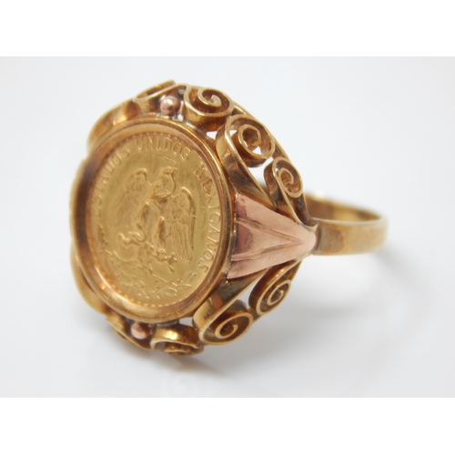 91 - 14ct Gold Ring Inset with a Dos Pesos Coin: Size K: Weight 4.48g