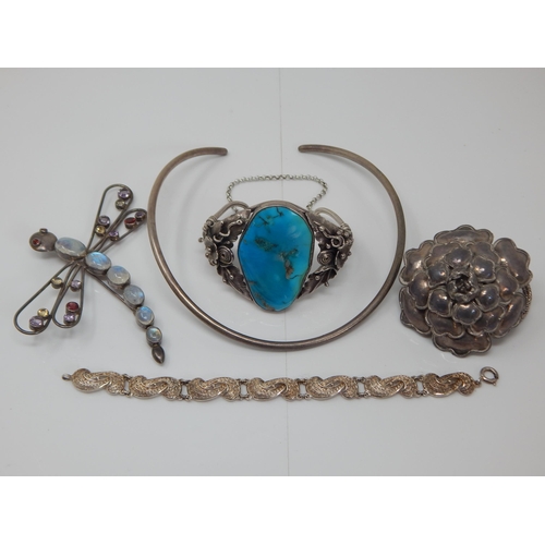 295 - Quantity of Silver Jewellery Including Turquoise Set Bangle & Large Dragonfly Brooch: Gross weight 1... 