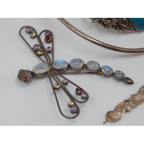 295 - Quantity of Silver Jewellery Including Turquoise Set Bangle & Large Dragonfly Brooch: Gross weight 1... 