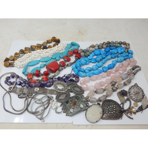303 - Quantity of White Metal, Silver Clasped Necklaces Including Turquoise, Amethyst, Tigers Eye, Rose Qu... 
