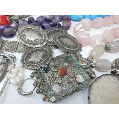 303 - Quantity of White Metal, Silver Clasped Necklaces Including Turquoise, Amethyst, Tigers Eye, Rose Qu... 