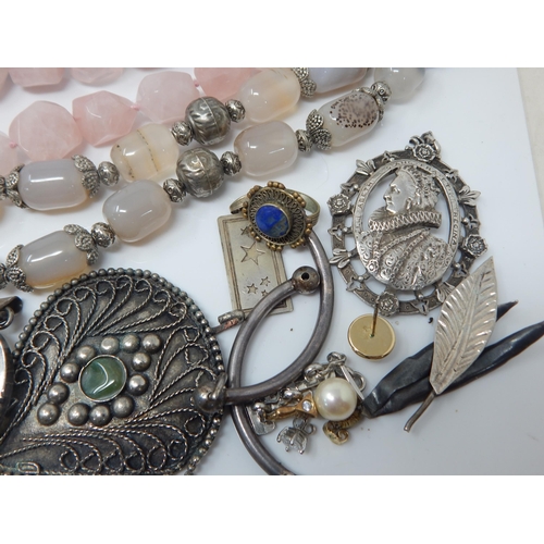 303 - Quantity of White Metal, Silver Clasped Necklaces Including Turquoise, Amethyst, Tigers Eye, Rose Qu... 