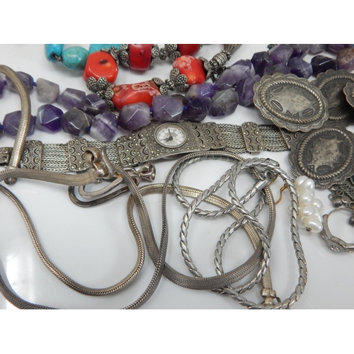 303 - Quantity of White Metal, Silver Clasped Necklaces Including Turquoise, Amethyst, Tigers Eye, Rose Qu... 