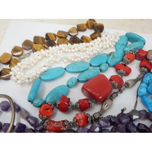 303 - Quantity of White Metal, Silver Clasped Necklaces Including Turquoise, Amethyst, Tigers Eye, Rose Qu... 