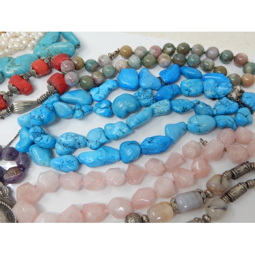 303 - Quantity of White Metal, Silver Clasped Necklaces Including Turquoise, Amethyst, Tigers Eye, Rose Qu... 