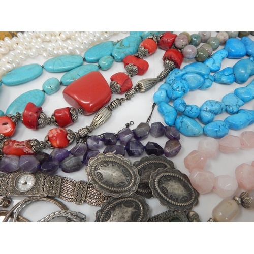 303 - Quantity of White Metal, Silver Clasped Necklaces Including Turquoise, Amethyst, Tigers Eye, Rose Qu... 
