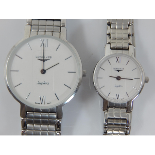 315 - Gentleman's & Ladies Matching Longines Sapphire Stainless Steel Wristwatches on Original Bracelet St... 