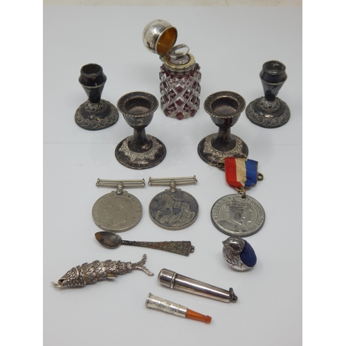 330 - A Quantity of Silver Including a Chick Pin Cushion, Candlesticks, Articulated Fish Pendant etc toget... 