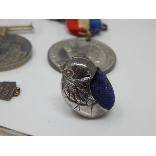 330 - A Quantity of Silver Including a Chick Pin Cushion, Candlesticks, Articulated Fish Pendant etc toget... 