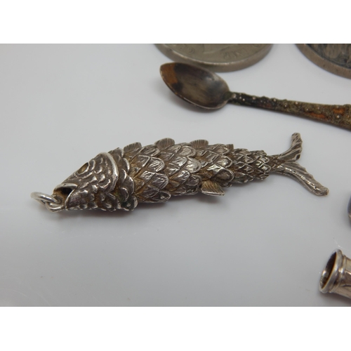 330 - A Quantity of Silver Including a Chick Pin Cushion, Candlesticks, Articulated Fish Pendant etc toget... 