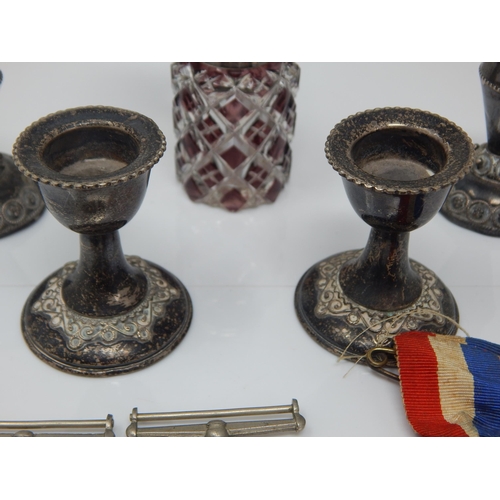 330 - A Quantity of Silver Including a Chick Pin Cushion, Candlesticks, Articulated Fish Pendant etc toget... 