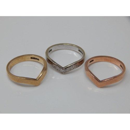 61 - 3 x 9ct Tri Colour Gold Wishbone Rings: Size L/M: Weight 7.32g