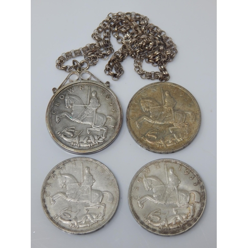 39 - George V Silver 1935 Rocking Horse Crowns, One in Silver Mount on Silver Chain (4)