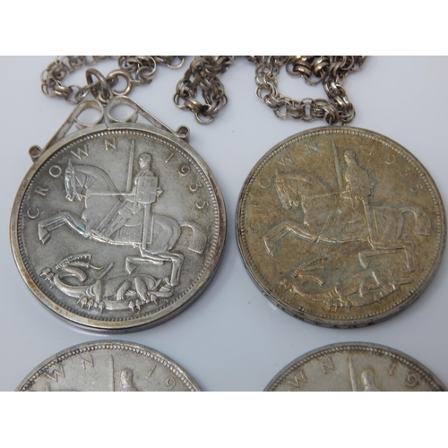 39 - George V Silver 1935 Rocking Horse Crowns, One in Silver Mount on Silver Chain (4)