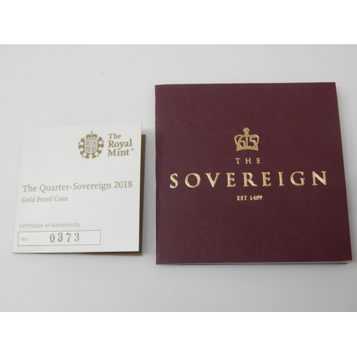 4 - Royal Mint 2018 Gold Proof Quarter Sovereign with Sapphire Mint Mark & COA in Case of Issue with Box