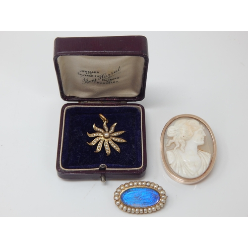 49 - 9ct Gold cameo brooch, 9ct Gold Pearl Set Pendant & Pearl Set Brooch.