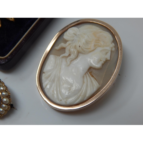 49 - 9ct Gold cameo brooch, 9ct Gold Pearl Set Pendant & Pearl Set Brooch.