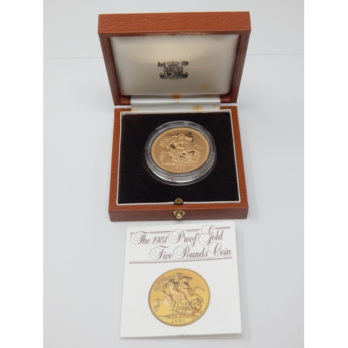 8 - Royal Mint U.K 1981 22ct Gold Proof Five Pounds Coin in case of issue with COA. Weight 39.94g