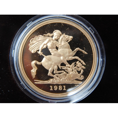 8 - Royal Mint U.K 1981 22ct Gold Proof Five Pounds Coin in case of issue with COA. Weight 39.94g