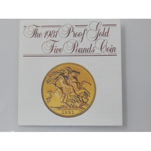 8 - Royal Mint U.K 1981 22ct Gold Proof Five Pounds Coin in case of issue with COA. Weight 39.94g