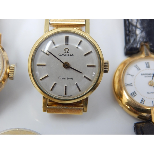 50 - 9ct Gold Brooch, Ladies 18ct Gold Plated Raymond Weil watch, Ladies Omega watch, a further watch and... 