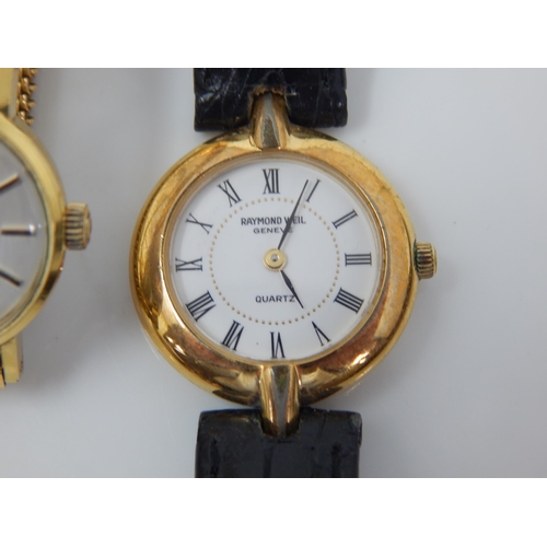 50 - 9ct Gold Brooch, Ladies 18ct Gold Plated Raymond Weil watch, Ladies Omega watch, a further watch and... 