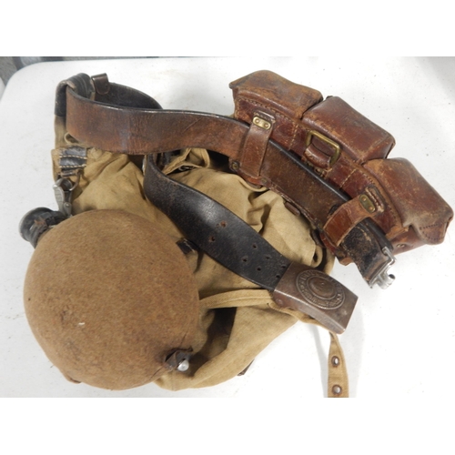 WW1 German army belt with leather pouches and water bottle