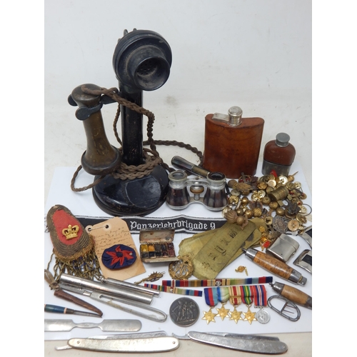 A Box of Military Related Items Including an 1824 Napoleon "Malheurs De La Guerre" Medallion, Miniature Medals, German Cuff Title, Hip Flasks, Badges, Buttons, Knives, Opera Glasses etc (lot)