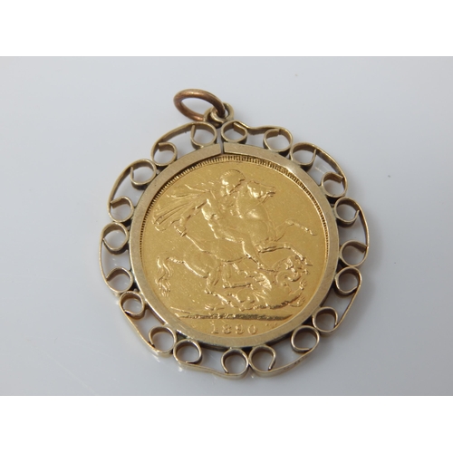 336 - QV 1890 Full Gold Sovereign, Loose in 9ct Gold Pendant Mount: Gross weight 10.36g
